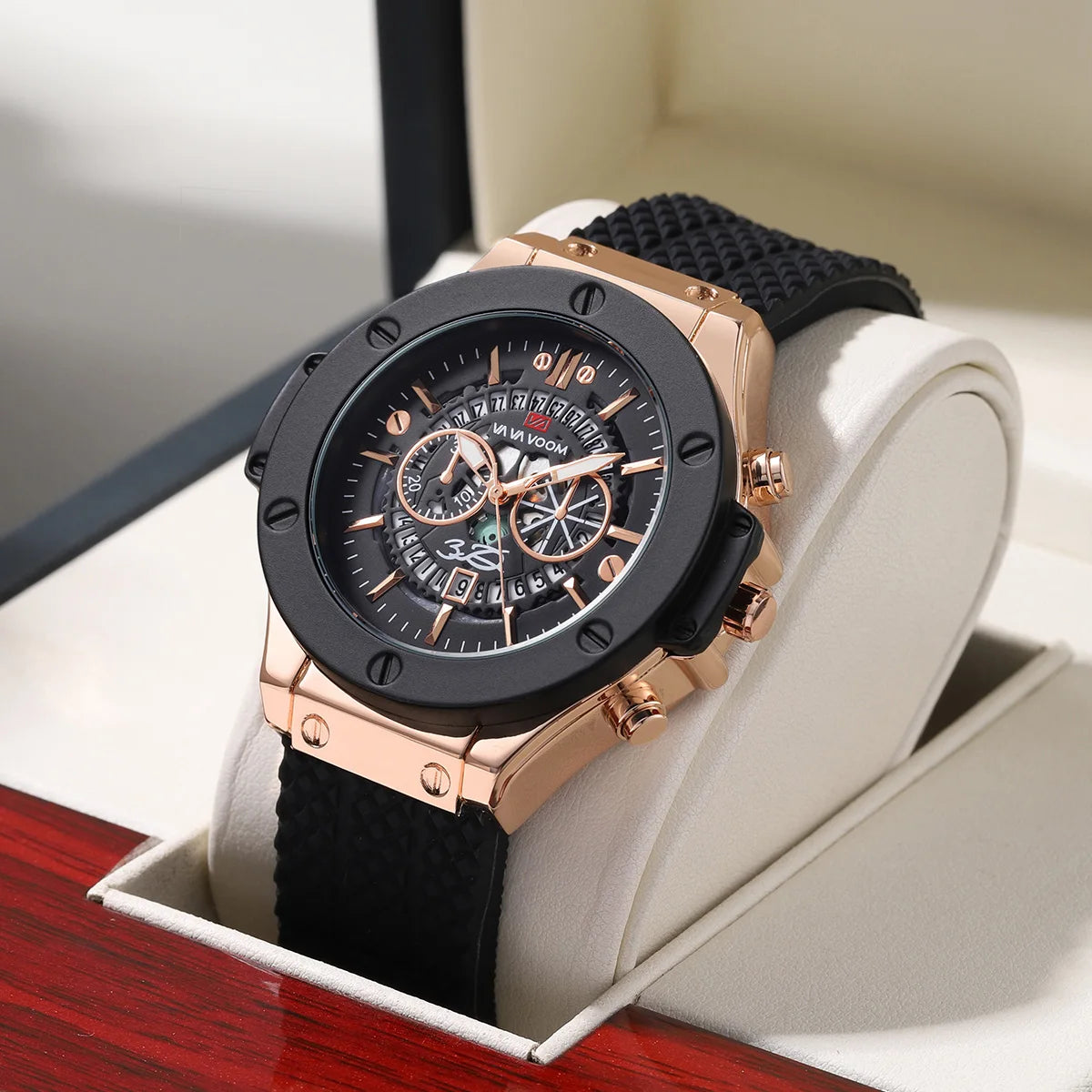 Men's black silicone sports watch, 46mm hollow pointer, large dial