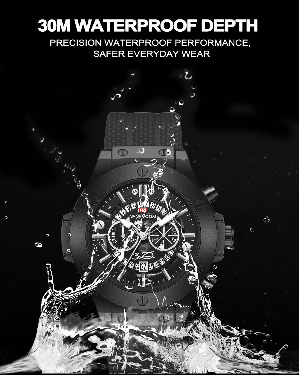 Men's black silicone sports watch, 46mm hollow pointer, large dial