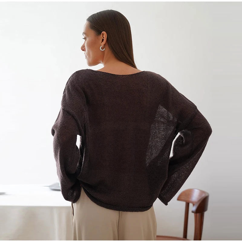 Elegant Hollow Out Knitted Pullovers for Women Loose Round Neck Long Sleeve Sheer Sweaters