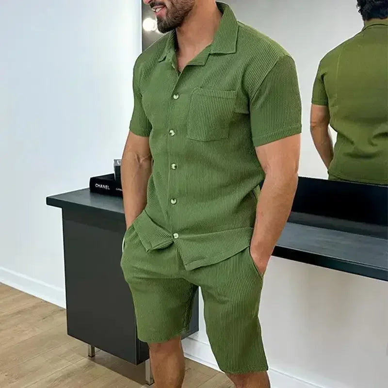 Men's Casual Set, Soft Solid Button Down Shirts