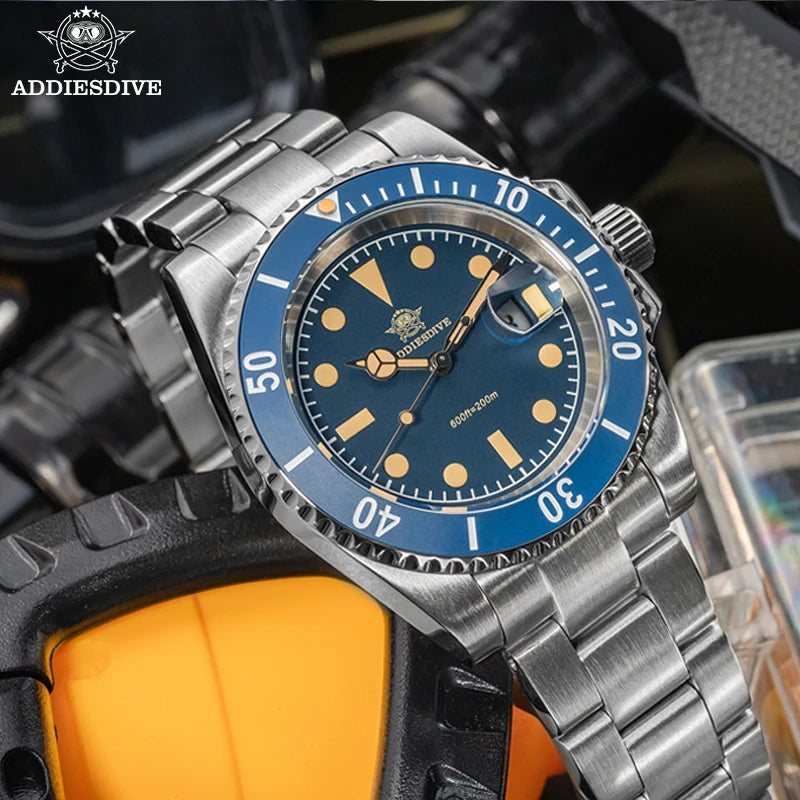 ADDIESDIVE New Men's Quartz Watch Wristwatch 200m Waterproof Super C3 Luminous Blue Dial AR Coating