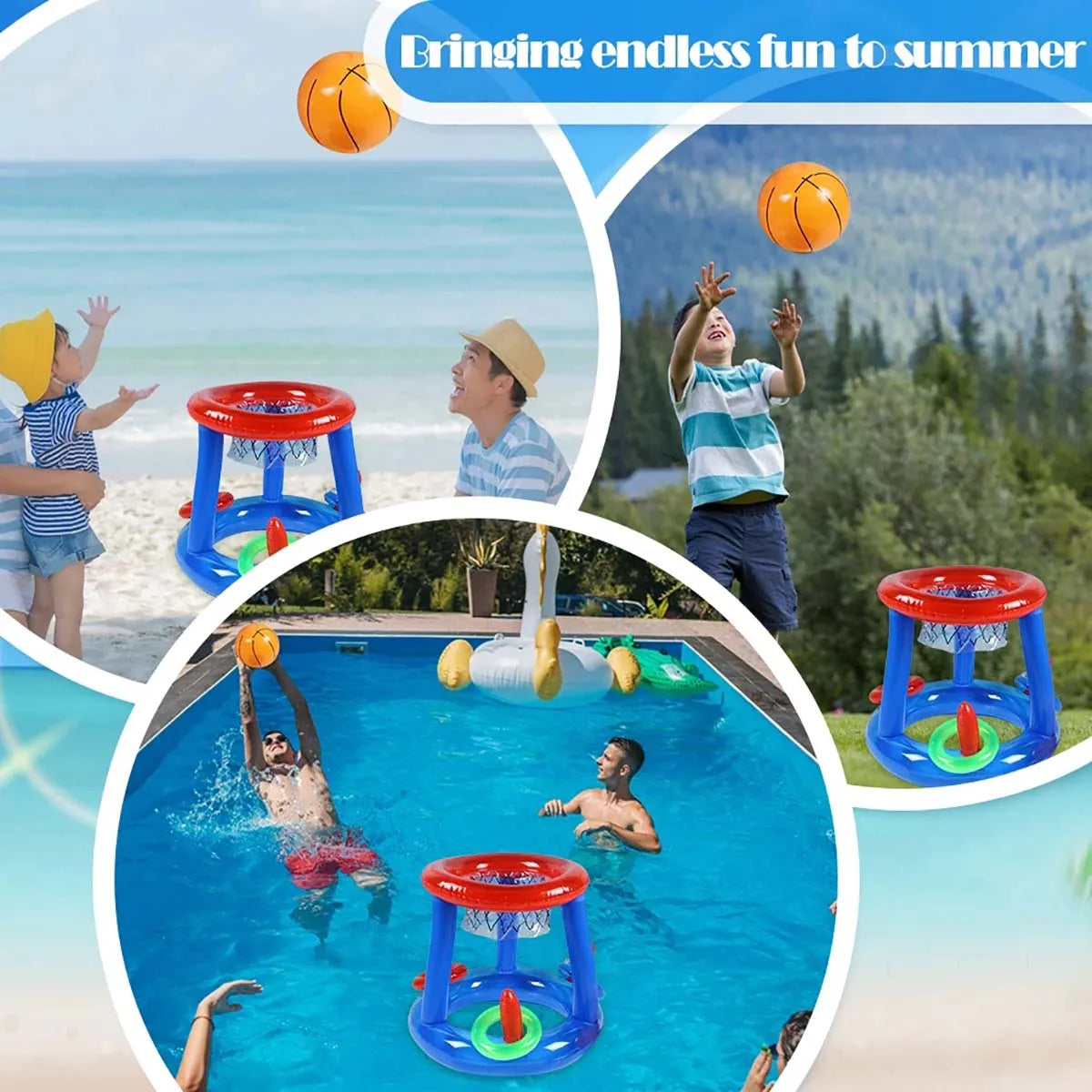 Inflatable ring toss game, floating basketball hoop