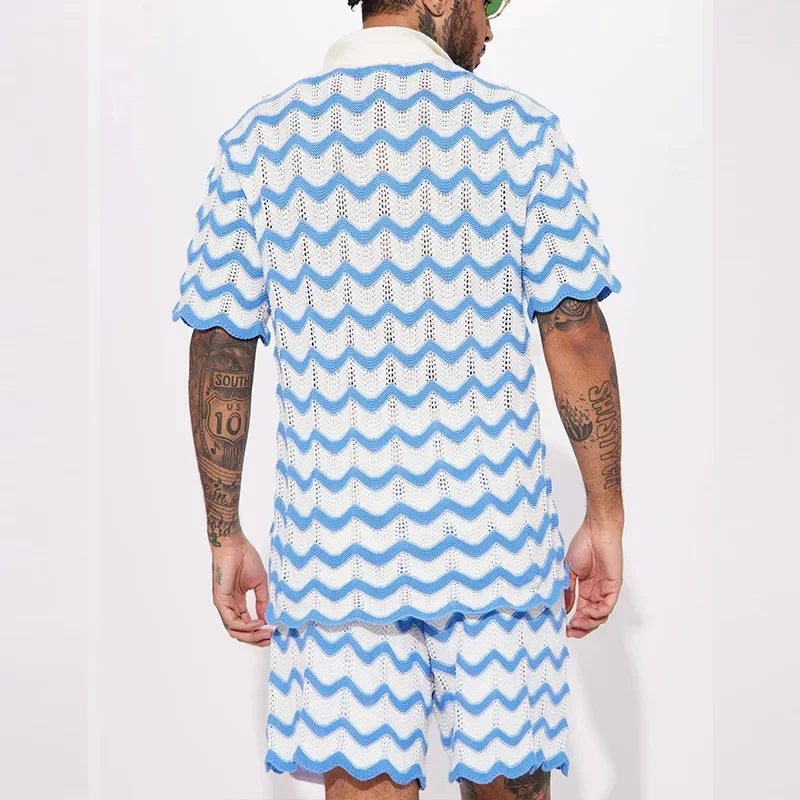 2025 New Men's Set Knit Fashion Print Shirts and Shorts