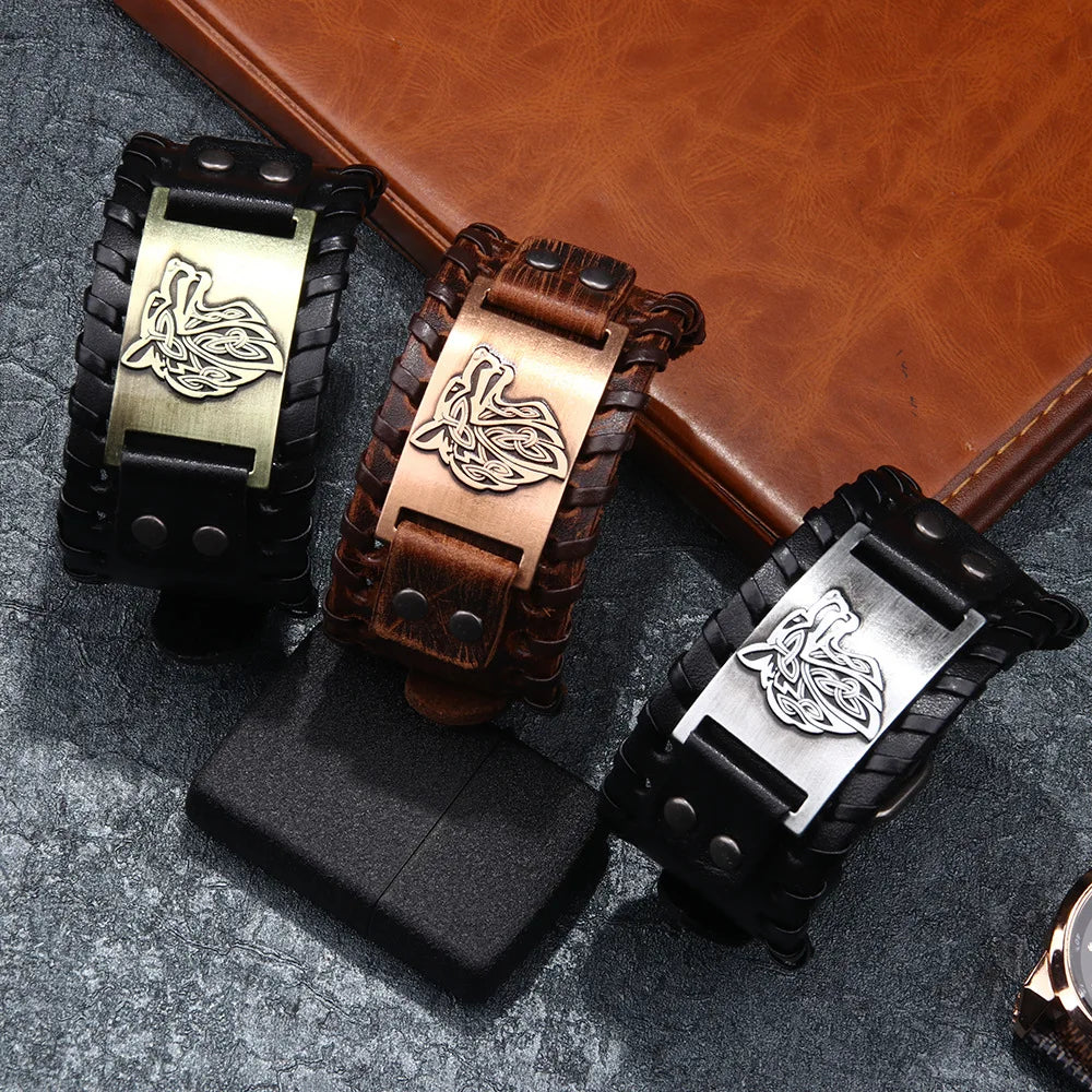 Vintage Viking Braided Leather Bracelet for Men Celtic Wolf Head Bracelet