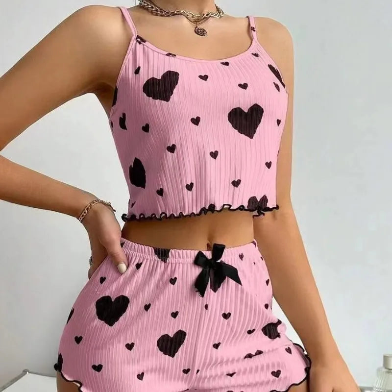 Ruffled heart print pajama set, notched neckline with cute bow