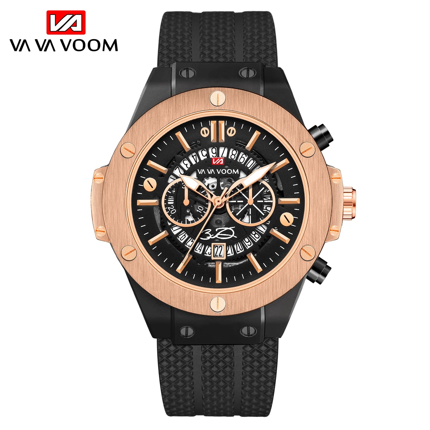 Men's black silicone sports watch, 46mm hollow pointer, large dial