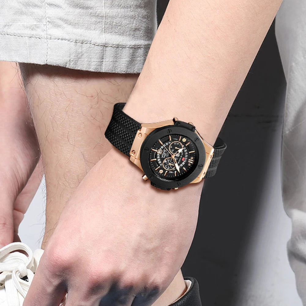 Men's black silicone sports watch, 46mm hollow pointer, large dial