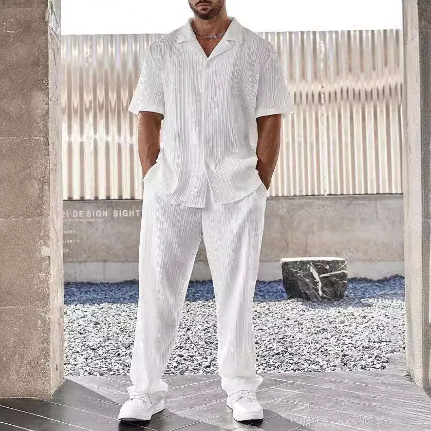 New men's casual suit with buttoned shirt and short sleeve pants