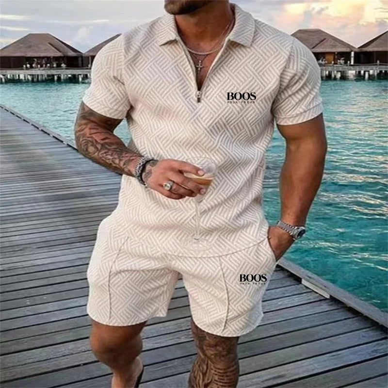 High quality zipper short sleeve shorts set