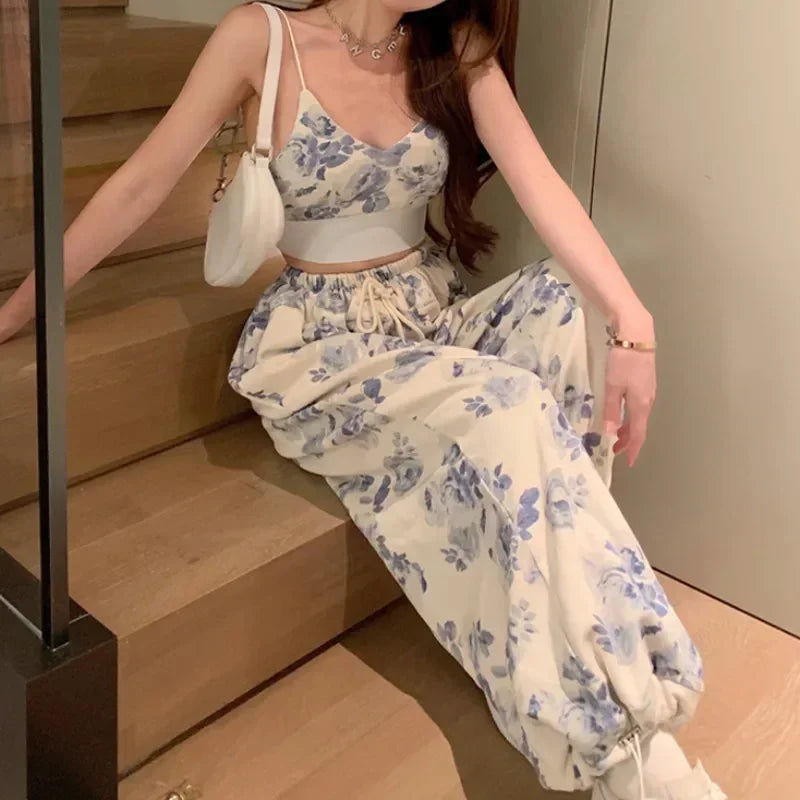 Korean 2 Piece Sets Women Outfits Floral V Neck Spaghetti Straps