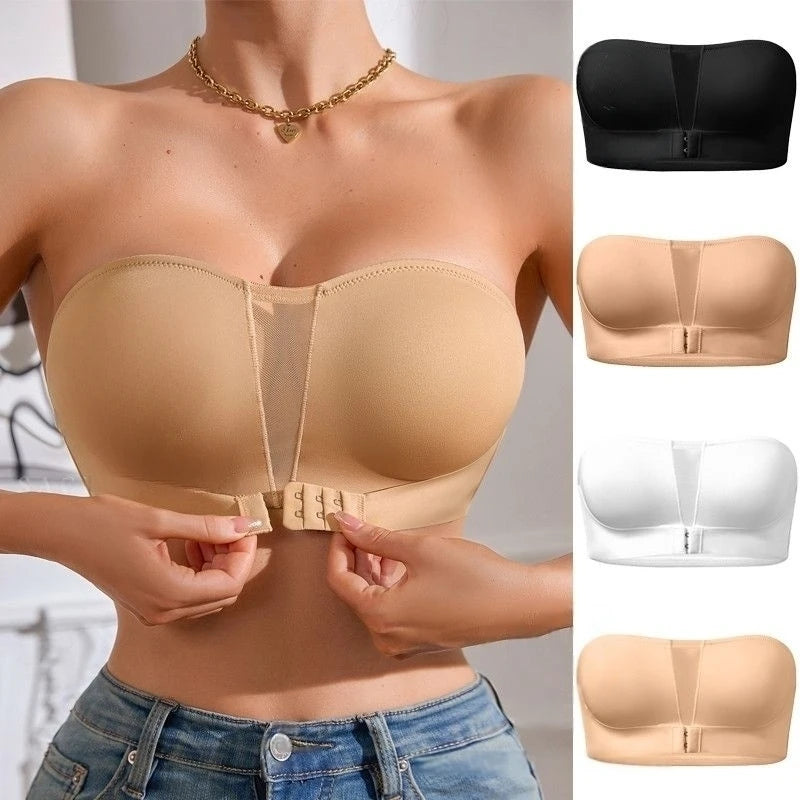 Soft Non-Padded Bras for Women, Strapless, Wire-Free, Seamless, Front Button Bra