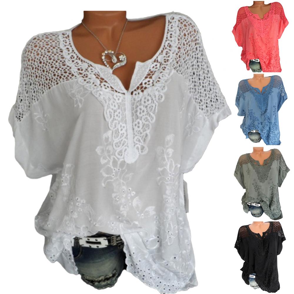 Women's Short Sleeve Blouses and Tops, White Lace Patchwork Loose Shirt