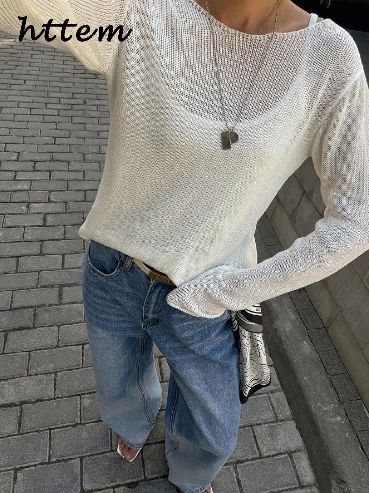 Elegant Hollow Out Knitted Pullovers for Women Loose Round Neck Long Sleeve Sheer Sweaters